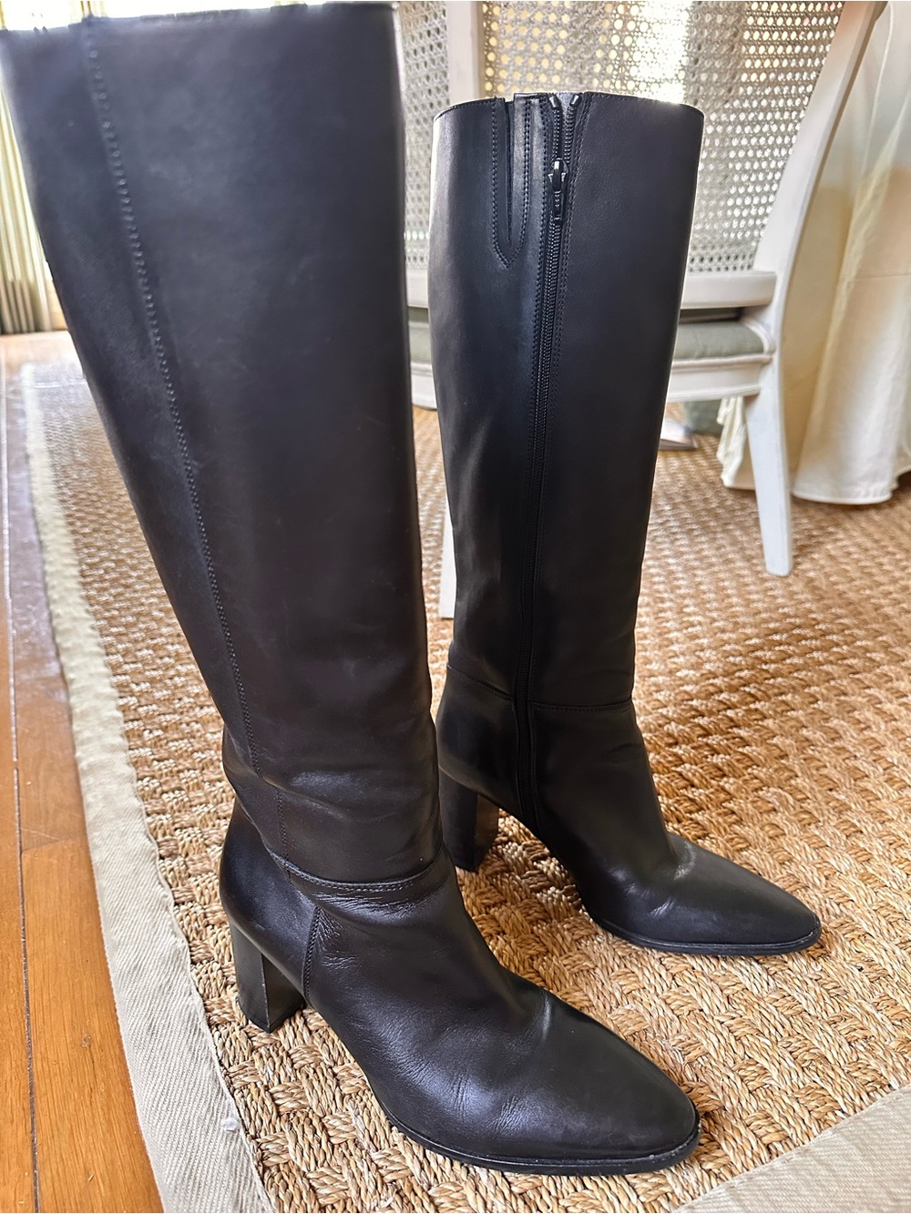 Lamica Made in Italy Black Leather Knee High Lined Boots Block Heel Size 9